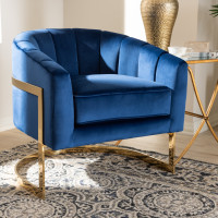 Baxton Studio TSF7707-Dark Royal Blue/Gold-CC Tomasso Glam Royal Blue Velvet Fabric Upholstered Gold-Finished Lounge Chair